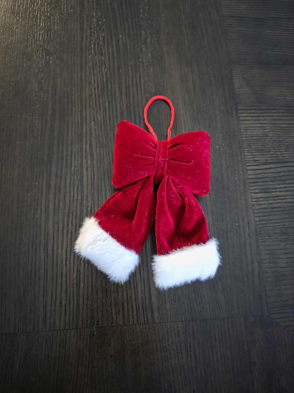 Red Velvet Bow Holiday Ornament with White Faux Fur Trim